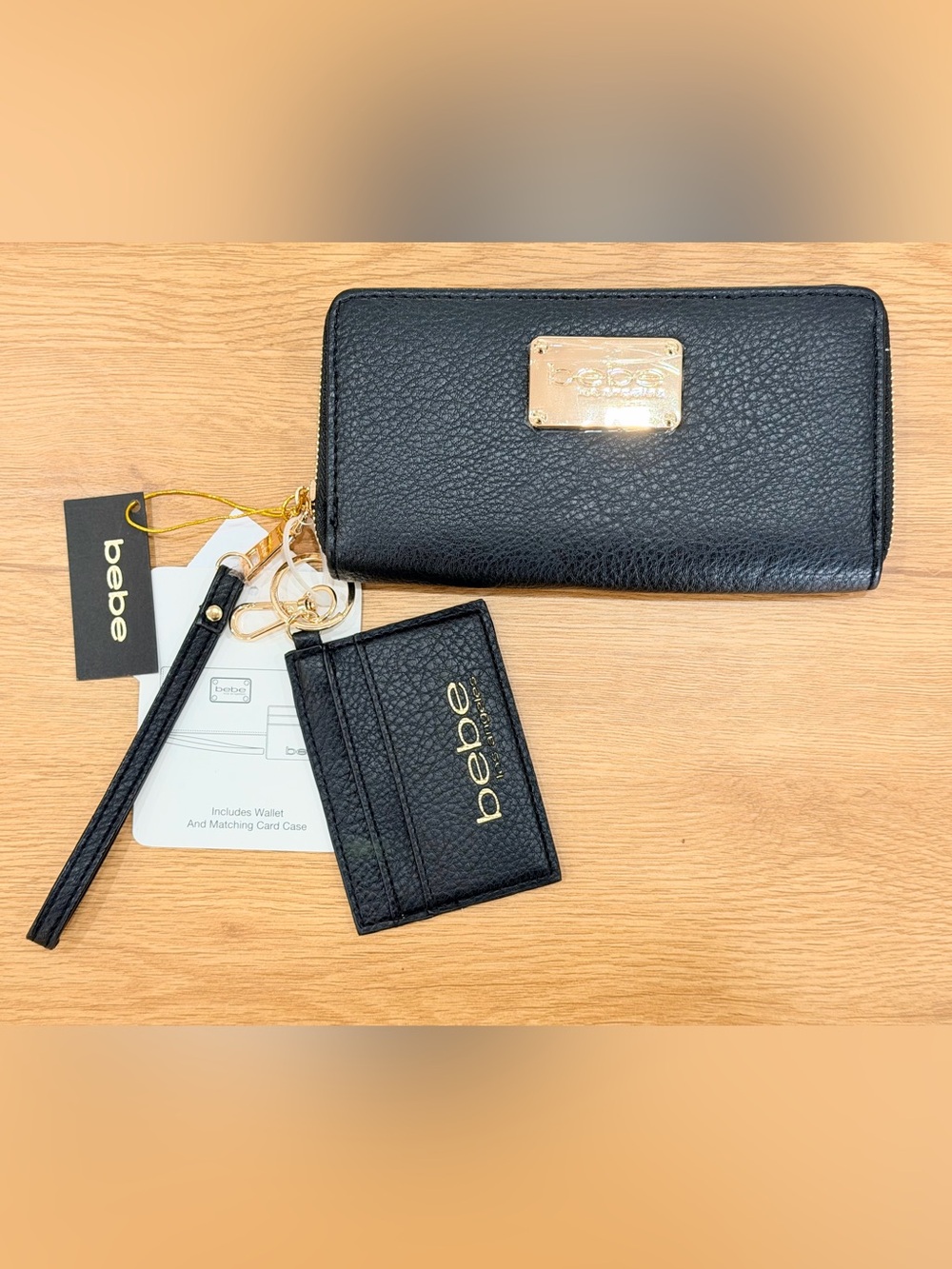 bebe Black Pebbled Zip Wallet & Card Case with Gold Hardware